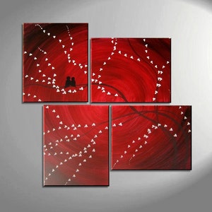 Original Painting Love Bird Wall Art Burgundy Maroon Red Cherry Blossoms Unique Multiple Canvases Asymmetric Custom Personalized 47x41 image 1