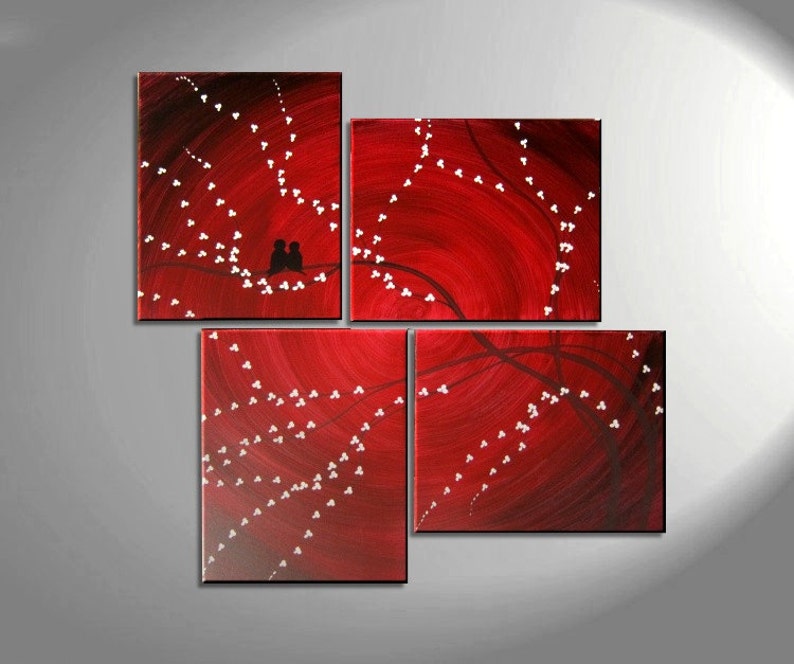 Original Painting Love Bird Wall Art Burgundy Maroon Red Cherry Blossoms Unique Multiple Canvases Asymmetric Custom Personalized 47x41 image 1