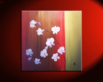 Beautiful Orchid Painting Red and Gold with Delicate Flowers Original Wall Art Home Decor Square Custom 30x30