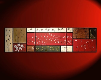 Large Asian Painting Chinese Zen Style Art Pagoda Cattails and Cherry Blossoms Deep Rich Red Brown Green Yellow Custom 60x16