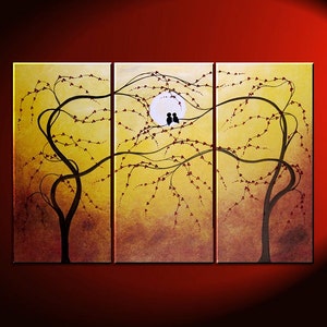 Original Painting Love Bird Art Yellow Burnt Orange and Cherry Blossoms Acrylic on Stretched Canvas Ships Immediately 45x30