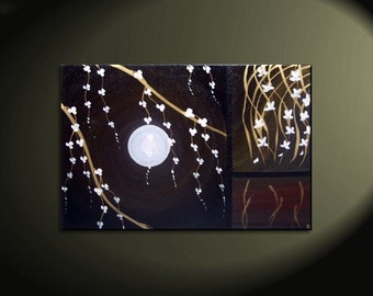 Black Modern Acrylic Painting Blossoms, Orchids and Wheat Original Art Golds, Reds and White Custom 36x24