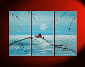 Original Painting Love Bird Art Blue Painting Cherry Blossoms Tree Acrylic on Stretched Canvas 45x30 Custom Personalized
