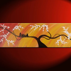 Custom Bird Family Painting Personalize with your own Kids Bright Happy Colors Yellow Orange 36x12