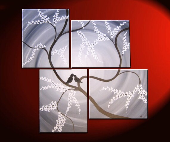 Original Painting Love Birds Wall Art Grey Monochrome Cherry Tree Branch with Blossoms Unique Multiple Canvases Large Custom 47x41