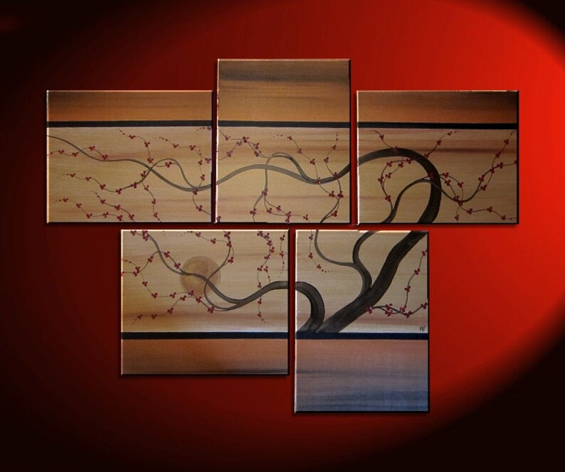 Large Painting Copper Browns and Gold Huge Contemporary Abstract Asian Fusion Plum Blossom Art Zen 56x40 Custom image 2