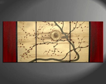 Original Zen Japanese Style Plum Blossom Painting Vibrant Modern Abstract Sunset Art Gold and Red Flowers Custom 48x20