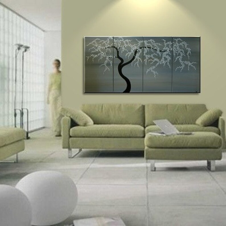 Black and White Tree Painting Spring Plum Blossom Art Soft Earthy Neutrals Original Modern Abstract Asian Style Art 60x30 Ships Quickly image 4