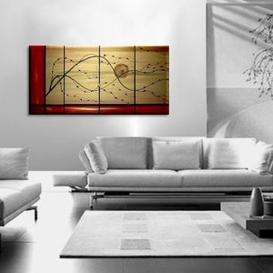 Large Gold and Red Chinese Painting Asian Fusion Cherry Blossom Art Multiple Canvases Happy Original Red Flowers Custom 60x30 image 2