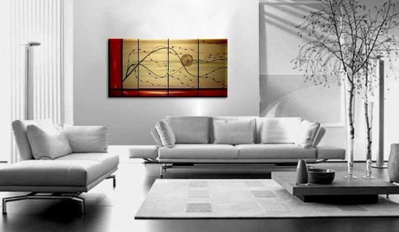 Large Gold and Red Chinese Painting Asian Fusion Cherry Blossom Art Multiple Canvases Happy Original Red Flowers Custom 60x30 image 2