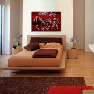 Wall Art Rich Red Triptych Tree Blossom Painting Crimson Burgundy and White Tree Branches Original Custom 45x30 image 2