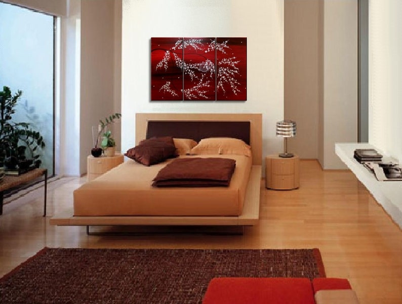 Wall Art Rich Red Triptych Tree Blossom Painting Crimson Burgundy and White Tree Branches Original Custom 45x30 image 2