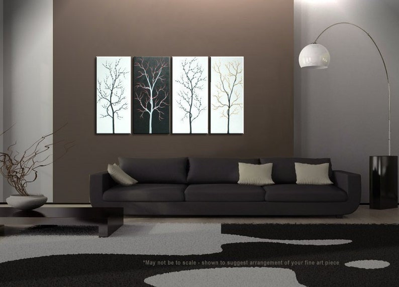 Black and White Tree Painting Zen Asian Cherry Blossom Art Monochrome branches Custom 60x30 customizeable image 4