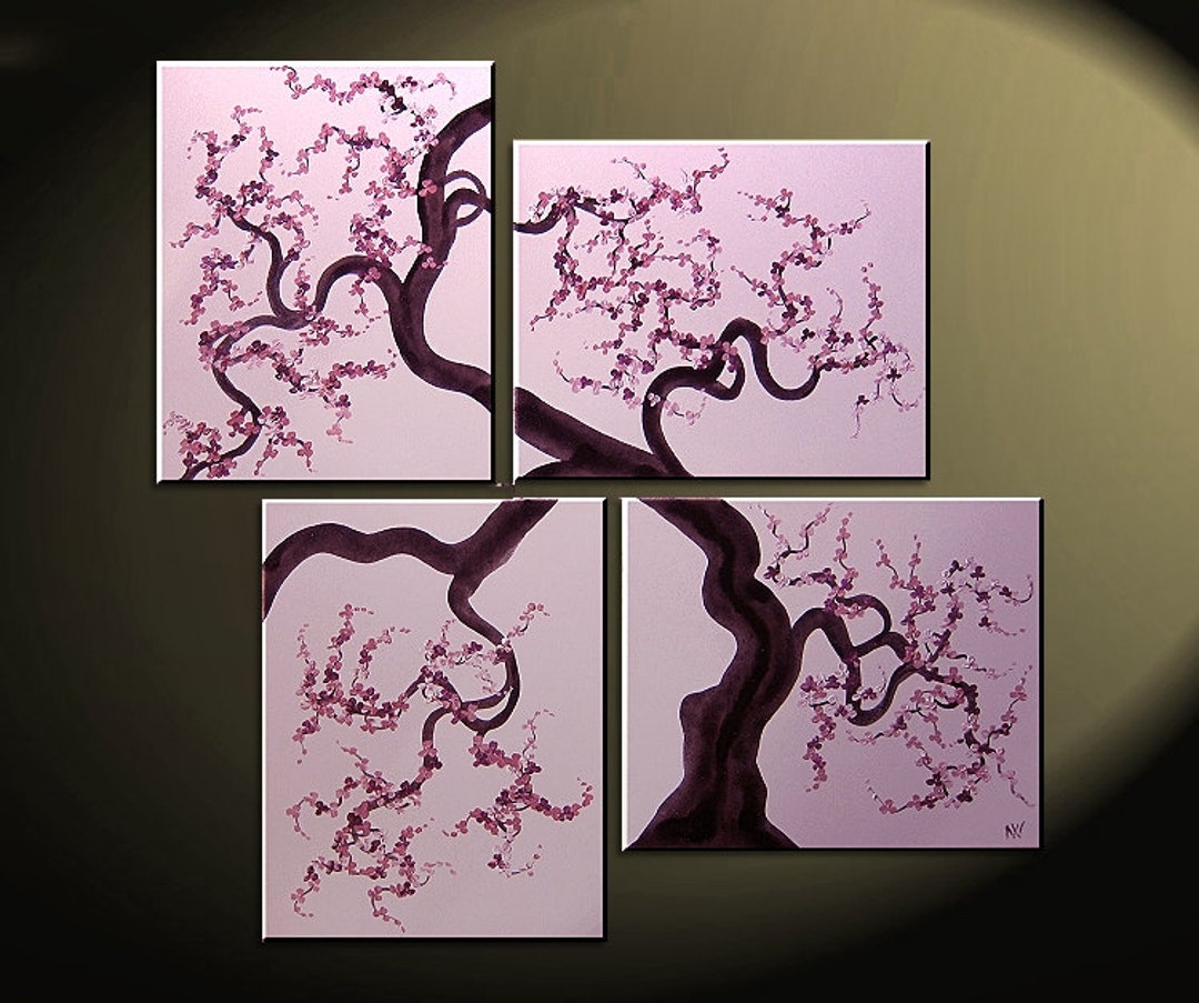 Original Painting Cherry Blossoms Wall Art Pink and Purple Flowers Tree ...