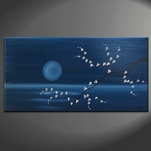 Custom 48x24 Deep Blue Sea and Cherry Blossom Painting Large Size Original Art Ocean and Moon image 2