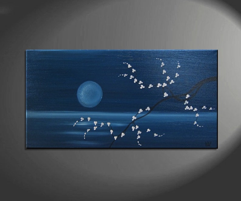 Custom 48x24 Deep Blue Sea and Cherry Blossom Painting Large Size Original Art Ocean and Moon image 2