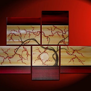 Large Tree Painting Red and Gold Zen Contemporary Abstract Asian Fusion Plum Blossom Art Custom 56x40