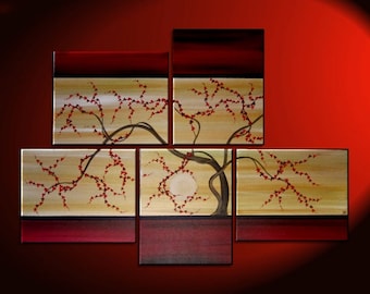 Large Tree Painting Red and Gold Zen Contemporary Abstract Asian Fusion Plum Blossom Art Custom 56x40