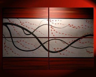 Cherry Blossom Painting Zen Grande Arte Asiático Contemporáneo Enorme Rojo y plata Elegante Decoración Casa Arte Personalizado 72x48