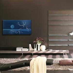 Custom 48x24 Deep Blue Sea and Cherry Blossom Painting Large Size Original Art Ocean and Moon image 5
