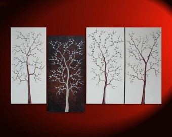Large Tree Painting for Sale Four Canvases Modern Abstract Art Brown and White Original Zen Wall Art Custom Made 60x30