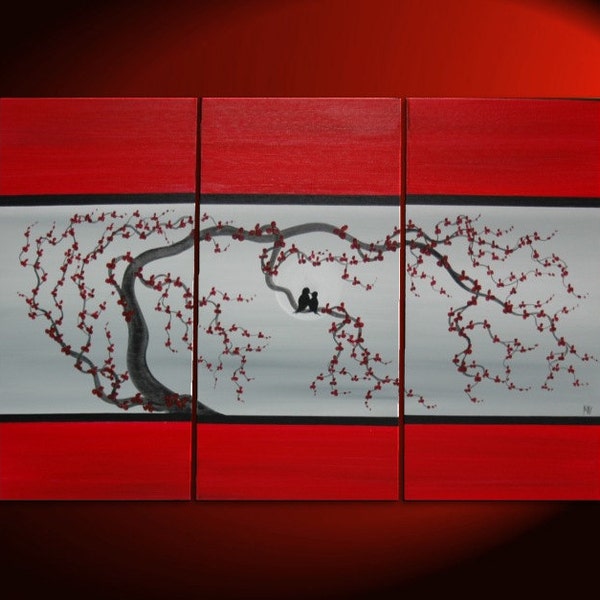 Gran amor pájaro tríptico pintura sobre lienzo estirado rojo y gris flor de ciruela lovebird arte Luna 45x30 personalizado chino Zen arte original