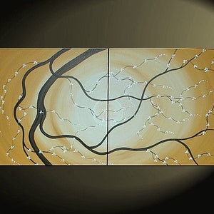 Original Japanese Cherry Blossom Painting Large Abstract Art Ochre with White Blossoms Custom Huge 60x30