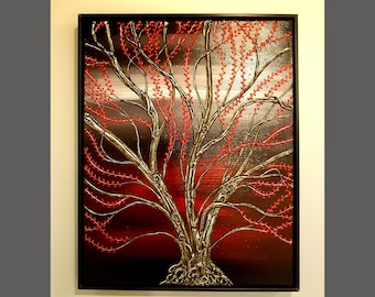 Crimson Red Tree Painting Textured Sculpted Original Wall Art Cherry Blossom Tree Framed Wall Art by Canadian Artist Nathalie Van