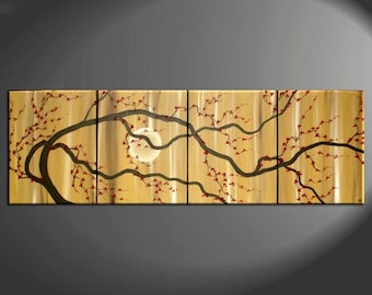 Large Zen Plum Blossom Painting Soft Caramel Neutral Colors Japanese Asian Zen Original Art Custom 75x30