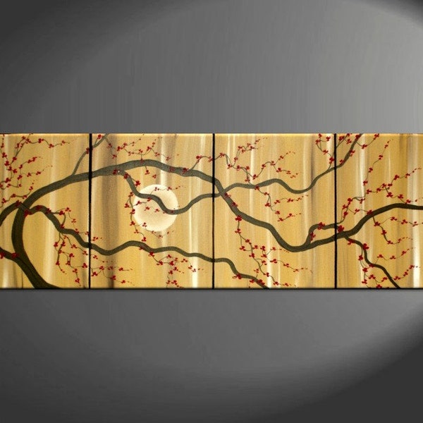 Large Zen Plum Blossom Painting Soft Caramel Neutral Colors Japanese Asian Zen Original Art Custom 64x20
