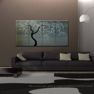 Black and White Tree Painting Spring Plum Blossom Art Soft Earthy Neutrals Original Modern Abstract Asian Style Art 60x30 Ships Quickly image 2