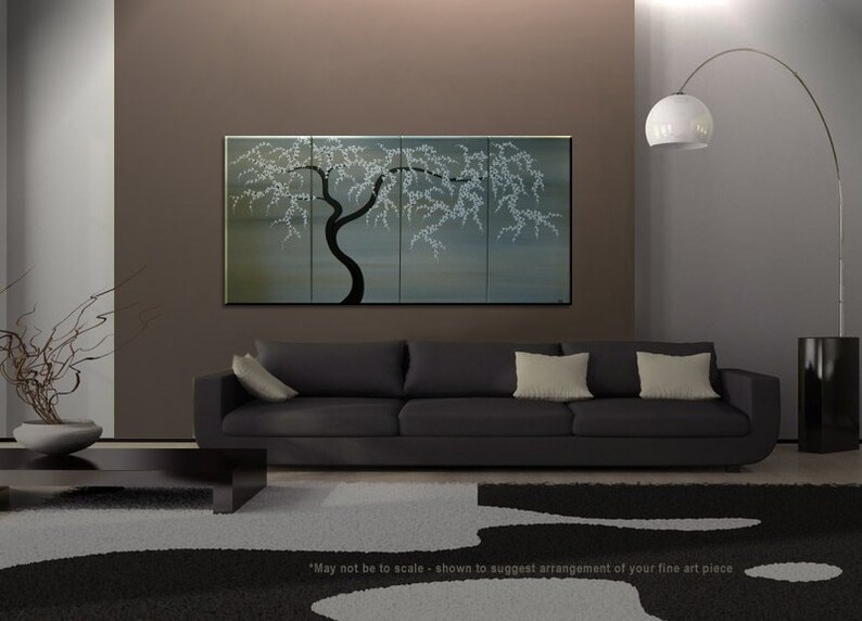 Black and White Tree Painting Spring Plum Blossom Art Soft Earthy Neutrals Original Modern Abstract Asian Style Art 60x30 Ships Quickly image 2