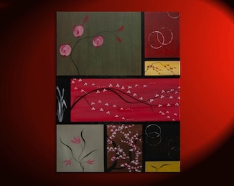 Large Asian Painting Zen Orchids Blossoms Wheat and Circles Warm Colors Original Art on Stretched Canvas Custom 36x48 Greens Reds Browns