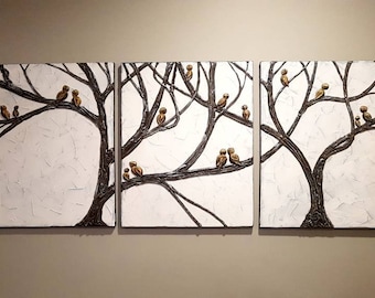 Tree Full of Birds Painting Very textured Branches Sculpted Wall Art Original Home Decor Unique Oneofakind by Nathalie Van 48x20