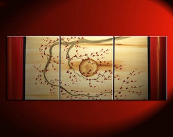Gnarled Plum Blossom Branch and Moon on Gold and Red Canvas Triptych Painting Japanese Wall Art
