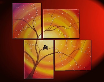 Custom Love Bird Art Orange Painting Cherry Blossom Tree Cream Flowers Asian Style Art Japanese Delicate Branches 47x41