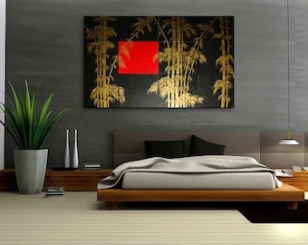 Oversized Painting Original Bamboo Art Asian Style Modern Abstract Art Black Red & Gold Large 80x48 Custom