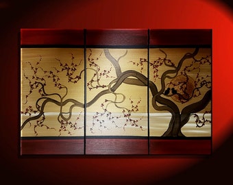 Large Acrylic Painting Love birds in Cherry Blossom Tree Burgundy Red and Gold Seascape Wall Decor 45x30 Custom