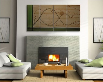 Large Cherry Blossom Painting Zen Green and Gold Abstract Asian Style Art Custom Multiple Canvases 60x30 HUGE custom