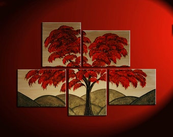 Vibrant Red Tree Painting Asymmetrical Layout Original Gold HUGE Modern Asian Abstract Wall Art Custom 56x40