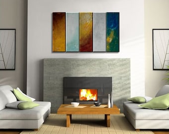 Original Modern Abstract Colorful Wall Art Happy Palette Knife Painting Sunshine Yellow White Blue Green Uplifting 40x24 Custom