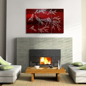 Wall Art Rich Red Triptych Tree Blossom Painting Crimson Burgundy and White Tree Branches Original Custom 45x30 image 3