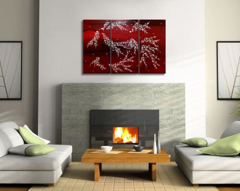 Wall Art Rich Red Triptych Tree Blossom Painting Crimson Burgundy and White Tree Branches Original Custom 45x30 image 3