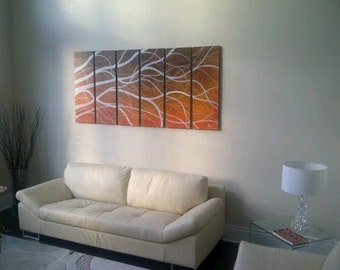 Brown and White Painting Tree Branches 6 Piece Multi Panel Modern Abstract HUGE Original Art Large Burnt Orange Custom 72x36