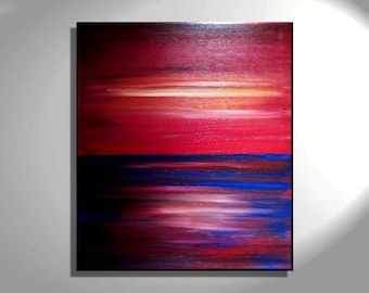 Rainbow Seascape Painting Abstract Art Vibrant Colorful Red and Blue Wall Art Ocean Home Decor 28x32