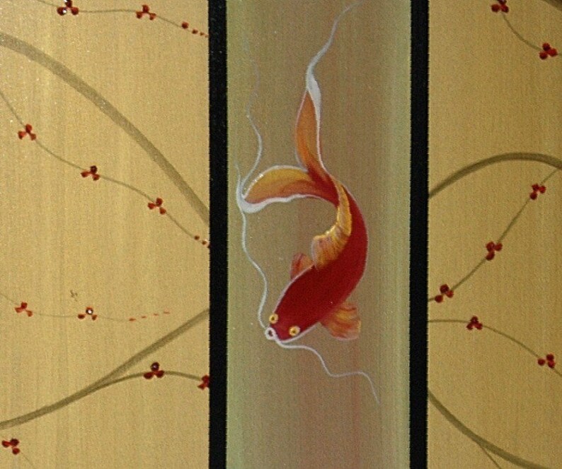 Koi Fish Art Cherry Blossom Painting Large Gold and Red Chinese Zen Style Original Modern Asian Fusion Custom 72x24 image 2