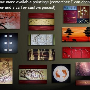 May include: A collection of 10 abstract paintings in various styles and colors, including cherry blossoms, bamboo, and koi fish. The paintings are framed and ready to hang. The text "Some more available paintings (remember I can change color and size for custom pieces!)" is at the top of the image.