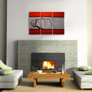 Red Floral Painting Grey Original Tree Branch Acrylic Wall Art Plum Blossom Painting Chinese Zen Style Triptych Art on Three Canvases 45x30 image 5