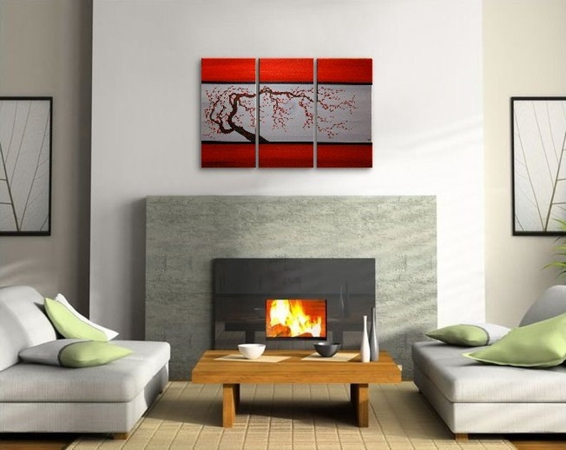 Red Floral Painting Grey Original Tree Branch Acrylic Wall Art Plum Blossom Painting Chinese Zen Style Triptych Art on Three Canvases 45x30 image 5