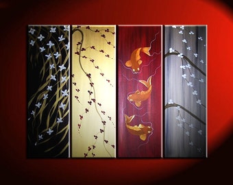 Wild Orchids, Cherry Blossoms, Koi Fishes Painting in Black, Gold, Reds and Grays Custom Artwork 48x36